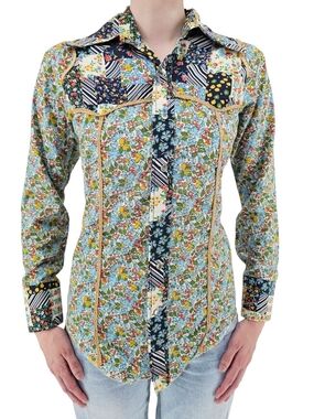 Vintage Floral Patchwork Western Pearl Snap Shirt Women's M Prairie 70s